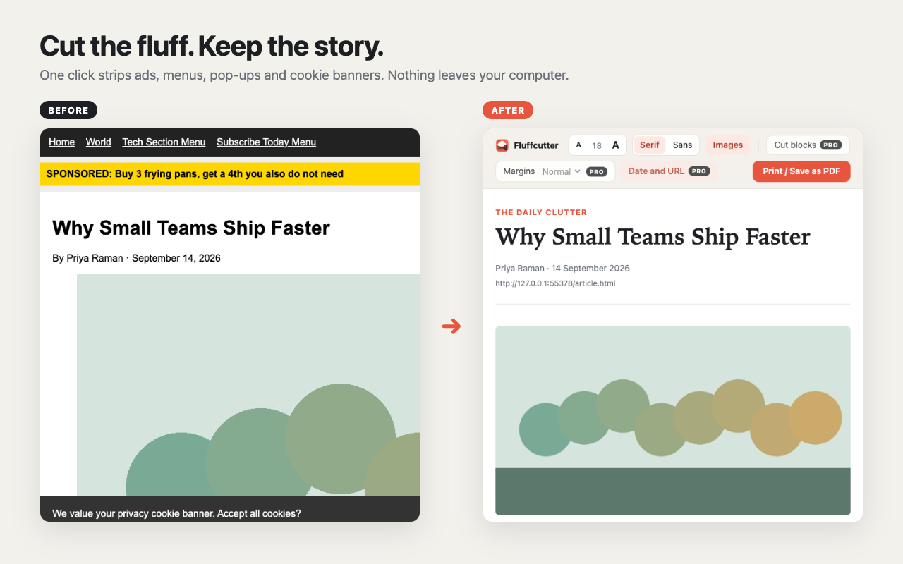Before and after: a cluttered article page next to the same article cleaned by Fluffcutter